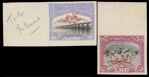 essay Proof  1945 ½a. black and blue and 2a. black and magenta imperforate colour trial imperforate proofs with large essay overprint in red, each on wove paper with the former marked "To be ½ Anna" in pencil in margin. A rare pair. Photo