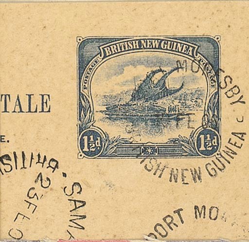 cover 1½d. blue used from Port Moresby (19 February 1906) to Switzerland, showing two despatch c.d.s., rare Samarai transit c.d.s. (Lee Type 29) and arrival d.s., all on face; tiny age spots on face. Photo