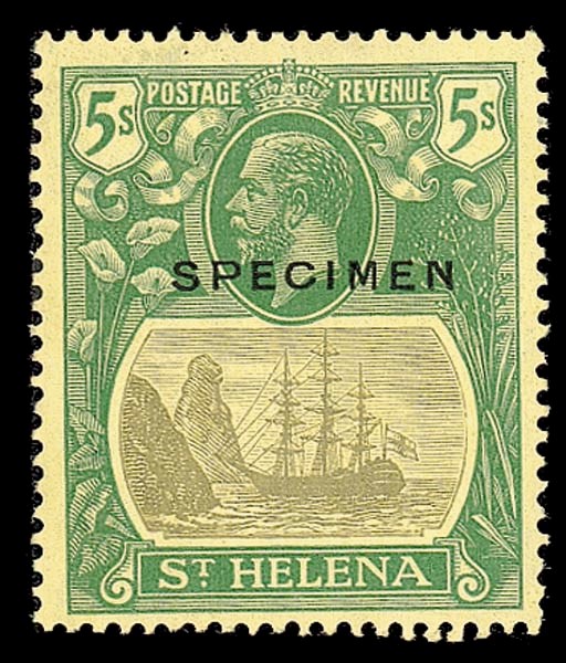 Specimen  -- Script 5/- grey and green on yellow overprinted "SPECIMEN" and showing cleft rock, fresh and fine mint. Extremely rare - only seven examples possible. S.G. 110c. Photo