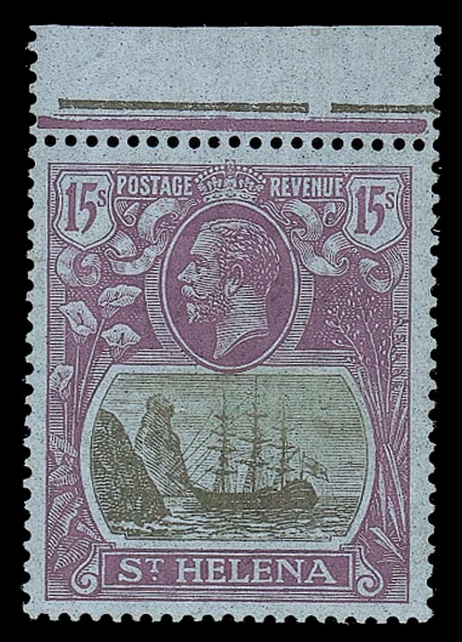 unmounted mint  -- Script 15/- grey and purple on blue, marginal from the top of the sheet, unmounted mint; trace of foxing on gum, otherwise fine. S.G. 113, £800. Photo