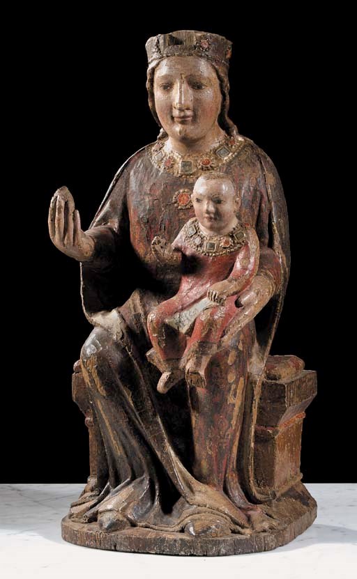 A parcel-gilt and polychrome carved wood group of the Virgin and Child enthroned
