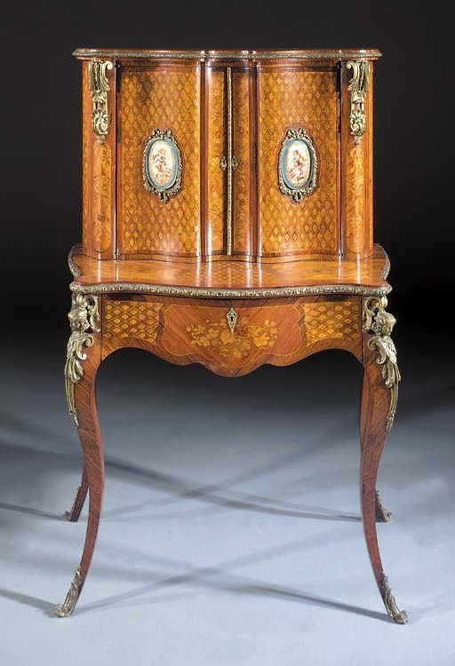 A French ormolu and porcelain-mounted rosewood, tulipwood and marquetry bonheur du jour