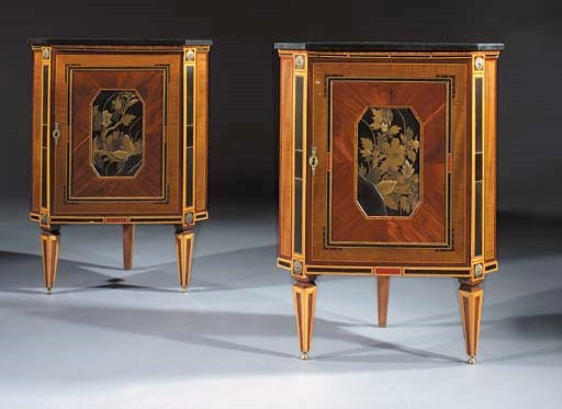 A pair of Dutch tulipwood, harewood and black lacquer encoignures