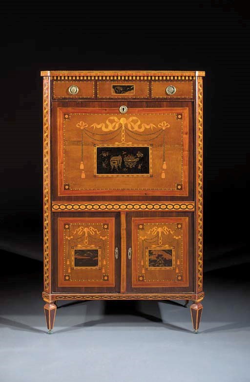 A Dutch satinwood, amaranth, marquetry and black and gilt-japanned secretaire a abattant