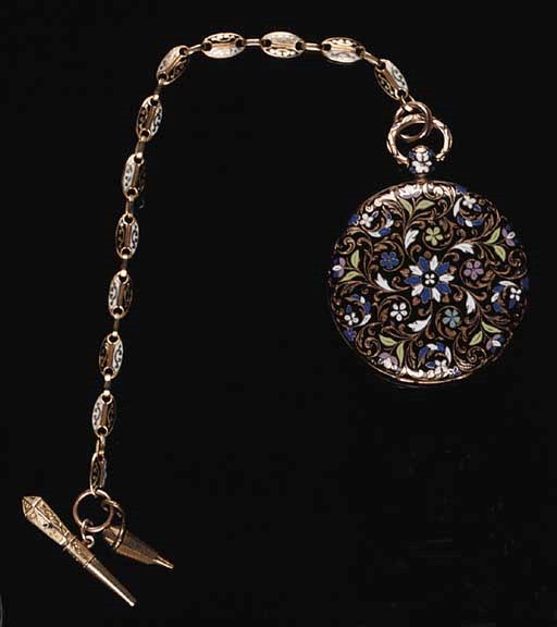A FRENCH GOLD AND POLYCHROME ENAMEL CYLINDER POCKET WATCH, CIRCA 1840