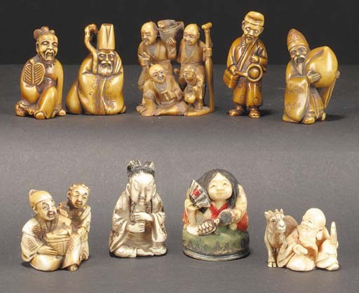A Japanese ivory netsuke of a bearded immortal
19th and 20th Century, some signed