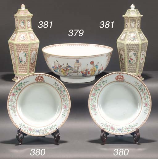 A pair of famille rose armorial soup plates
18th century