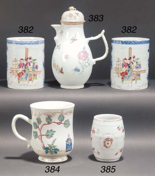 A famille rose export armorial tankard
18th century