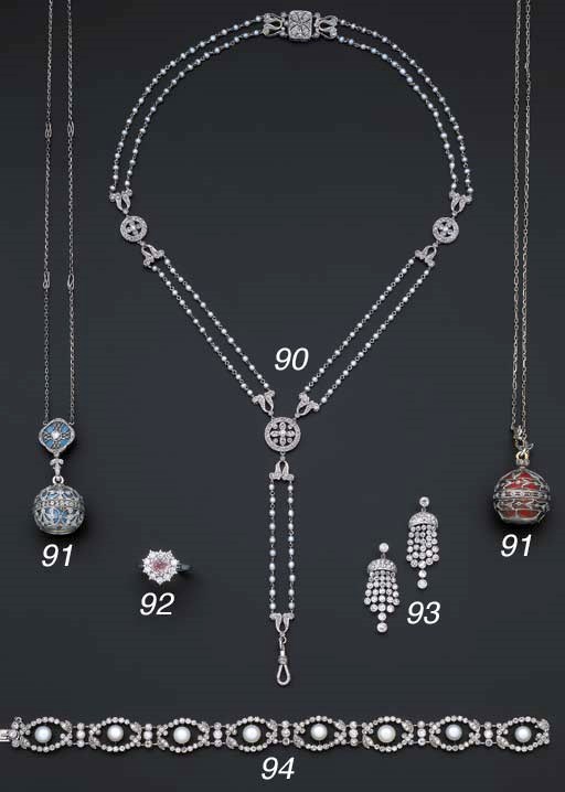 A Belle Epoque diamond and pearl neckchain