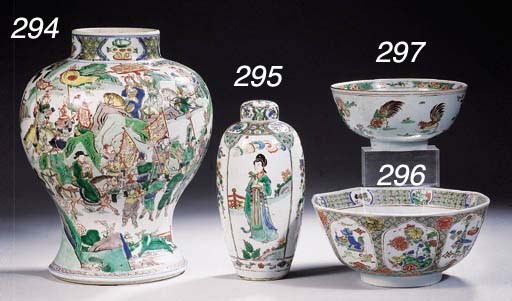 A famille verte bowl and two silver-mounted teapots