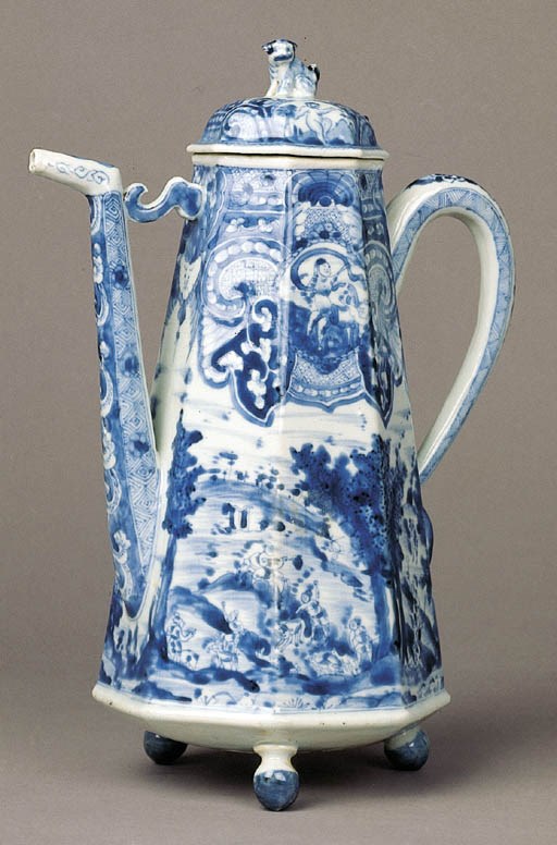 A rare blue and white 'mythological-subject' octagonal coffee-pot and cover