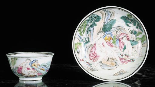 A famille rose mythological cup and saucer