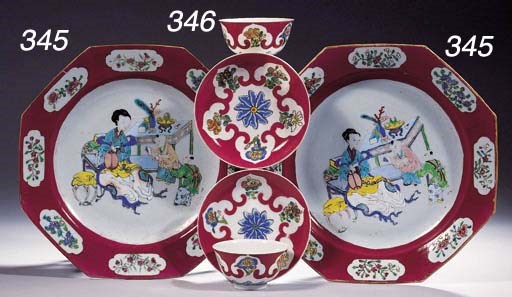 A pair of ruby ground octagonal dishes