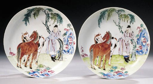 A rare pair of famille rose semi-eggshell saucer dishes