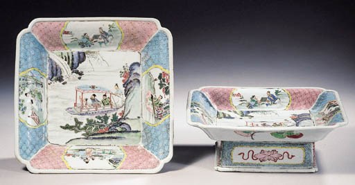 A rare pair of famille rose square tazza's