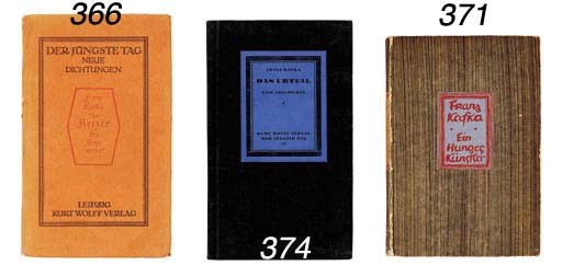KAFKA, FRANZ. Das Urteil. Eine Geschichte. Leipzig, Kurt Wolff, 1916. Black wrappers with printed blue paper label on cover. Provenance: Hans-Jörg Schäfer (ink stamp on title). FIRST EDITION, first published in "Arkadia" (1913). "Der Jüngste Tag" 34. Dietz 31; Wilpert/Gühring 3. -- Das Urteil. [Munich]: Kurt Wolff, [1920?]. Original wrappers with printed blue paper label on cover (some chipping to edges). Second edition. Dietz 54. 	 (2)