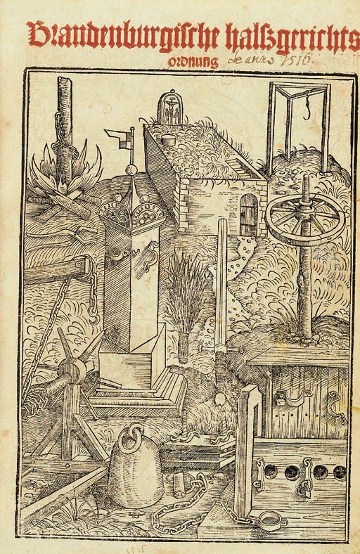 [BAMBERG]. Bambergische Halssgerichts und Rechtlich ordnung, in peinlichen sachen zu volnfarn allen Stetten, Communen, Regimenten, Amptleuten, Vögten, Verwesern, Schultheysen, Schöffen, und Richtern, dienstlich fürderlich und behülfflich, darnach zu handeln und rechtsprechen, gantz gleichförmig gemeynen geschriben Rechten... Mainz: Johann Schoeffer, 1531.
