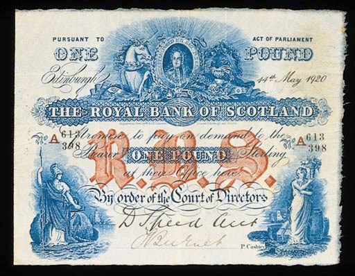 Royal Bank of Scotland, £1, 14 May 1920, serial number A 613/398, colour and design as last (cf D. 46e), but printed signature D. Speed, a pleasing very fine, quite fresh