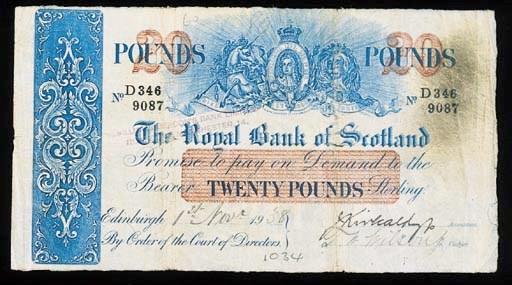 Royal Bank of Scotland, £20, 1 November 1938, serial number D 346/9087, blue, white, value in red-brown background, arms top centre, manuscript signature low right (D.44b), very good to fine