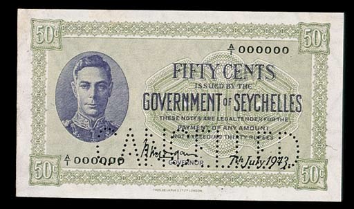 Seychelles, Government Issue, specimen 50-Cents, 7 July 1943, serial number A/1 000000, violet and green, George VI at left (P.6a), perforated CANCELLED, traces of numerals in top margin, extremely fine, rare