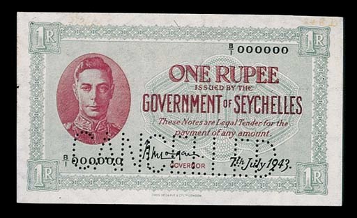 Seychelles, Government Issue, specimen Rupee, 7 July 1943, serial number B/1 000000, red and grey, George VI at left (p.7a), perforated CANCELLED, traces of numerals in top margin, extremely fine, rare