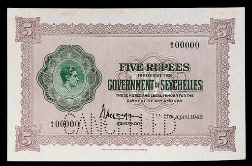 Seychelles, Government Issue, specimen 5-Rupees, 7 April 1942, serial number A/3 00000, lilac and green, George VI at left (P.8), perforated CANCELLED, traces of numerals in top margin, good extremely fine, rare