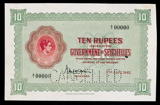 Seychelles, Government Issue, specimen 10-Rupees, 7 April 1942, serial number A/1 00000, green and red, George VI at left (P.9), perforated CANCELLED, numeral top right, good extremely fine, rare
