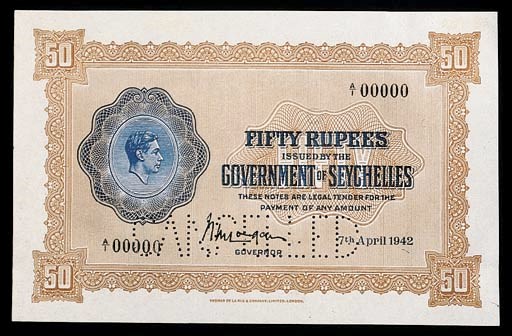 Seychelles, Government Issue, specimen 50-Rupees, 7 April 1954, serial number A/1 00000, brown and blue, George VI at left (P.10), perforated CANCELLED, numeral top right, good extremely fine, very rare