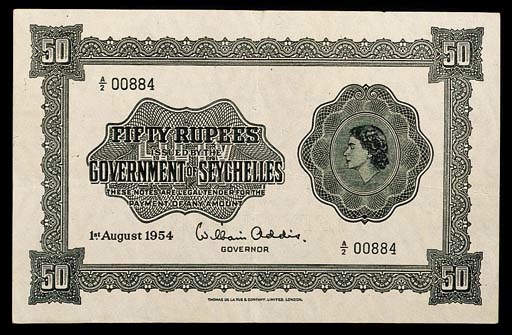Seychelles, Government Issue, 50-Rupees, 1 August 1954, prefix A/2, black and white, Elizabeth II at right (P.13a), fresh, good very fine, scarce