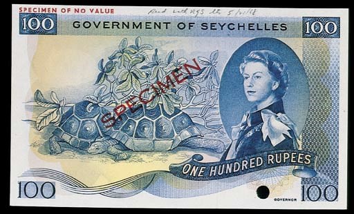 Seychelles, Government Issue, a set of colour trials of the ND (1968) issue comprising 5-Rupees, blue-green, 20-Rupees, red, 50-Rupees, green, 100-Rupees, blue, all Elizabeth II at right (P.14,16,17,18), perforation, SPECIMEN overprint, uncirculated, rare	 (4)