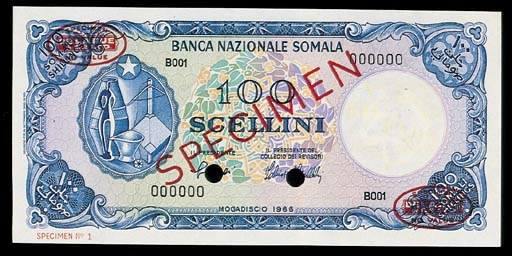 Somalia, Banca Nazionale Somala, a specimen set of the 1966 series comprising 5-, red, 10-, green, 20-, brown and 100-Scellini, blue (P.5, 6, 7, 8), SPECIMEN overprint, perforated, good extremely fine, rare	 (4)