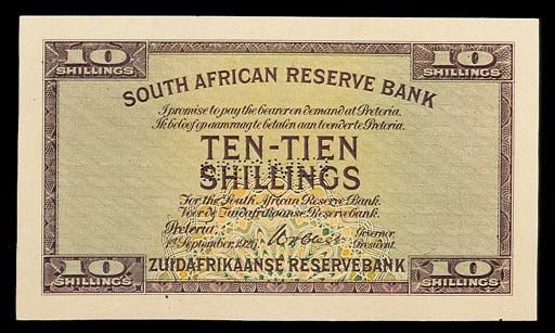 South Africa, Reserve Bank, obverse and reverse colour trial 10/-, 1 September 1926, violet, green and orange, value at centre and at each corner, Clegg signature, rev. blue and green, arms at centre (P.79), perforated SPECIMEN, good extremely fine, rare