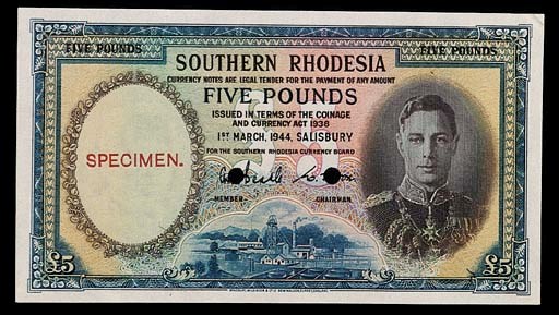 Southern Rhodesia, Currency Board, a set of specimens comprising 5/-, 1 February 1945, blue-green, 10/-, 1 July 1942, red-brown, £1, 1 July 1942, green and £5, 1 March 1944, blue, all with George VI at right (P.8Aa,9,10,11b), perforated, SPECIMEN overprint, good extremely fine, a rare attractive set