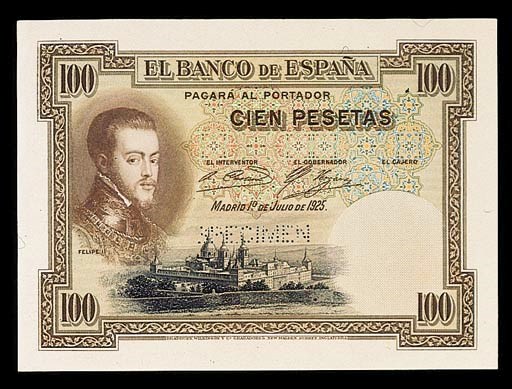 Spain, El Banco de Espana, colour trial obverse and reverse 100-Pesetas, 1 July 1925, brown and multicoloured, Philip II at left, rev. blue and multicoloured, figures (P.69), perforated SPECIMEN, good extremely fine, rare