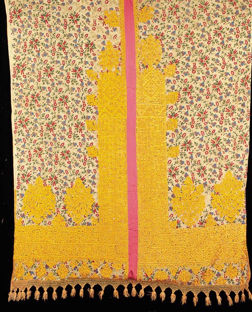A pair of embroidered curtains, joined as a single panel,