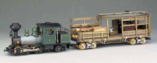 A Gauge 1 spirit-fired steam model of the American 0-4-2 Locomotive No. 1 of 1924 by Baldwin and four-axle Bogie Plate Layers Workshop Car
