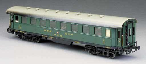 A Gauge 1 two-rail electric model of the Swiss SBB-CFF 2nd Class four-axle Bogie Side Corridor Coach