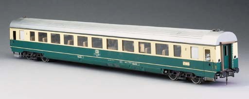A Gauge 1 two-rail electric model of the DB four-axle Bogie and 2nd Class Centre Gangway Corridor Coach No. 90569