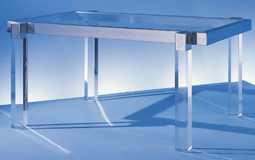AN ACRYLIC, GLASS AND CHROMED-METAL DINING TABLE