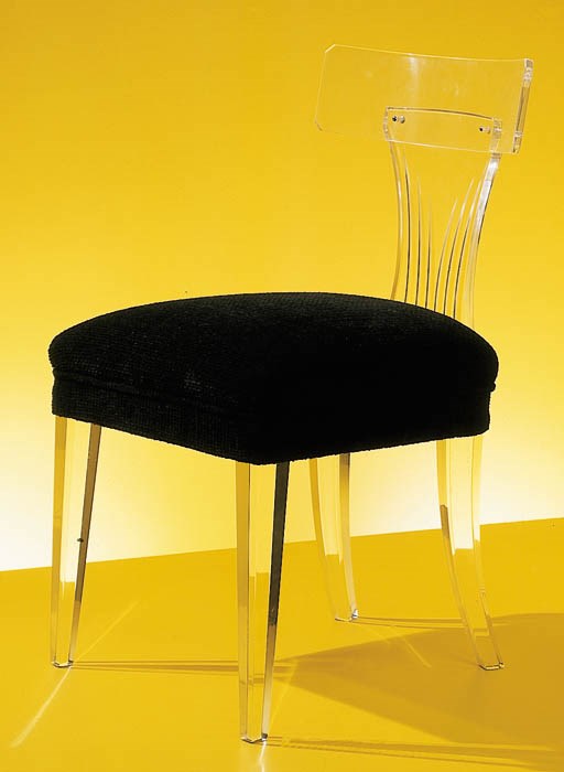 A REGENCY STYLE ACRYLIC AND CHENILLE-UPHOLSTERED SIDE CHAIR