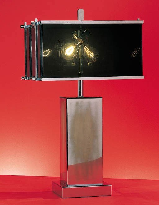 A SMOKED ACRYLIC AND CHROMED-METAL 'EDISON' TABLE LAMP