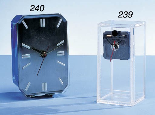 A SEGUSO GLASS, ACRYLIC AND METAL TABLE CLOCK