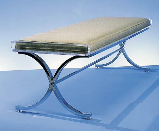 AN ACRYLIC, STAINLESS STEEL AND SILK-UPHOLSTERED WINDOW SEAT