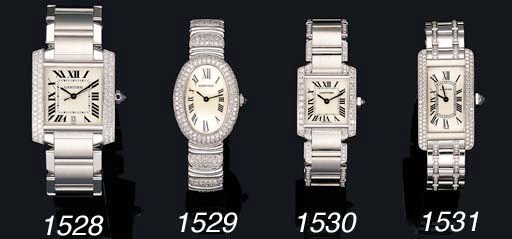 A LADY'S 18K WHITE GOLD AND LATER DIAMOND-SET "AMERICAN TANK" WRISTWATCH WITH BRACELET, BY CARTIER