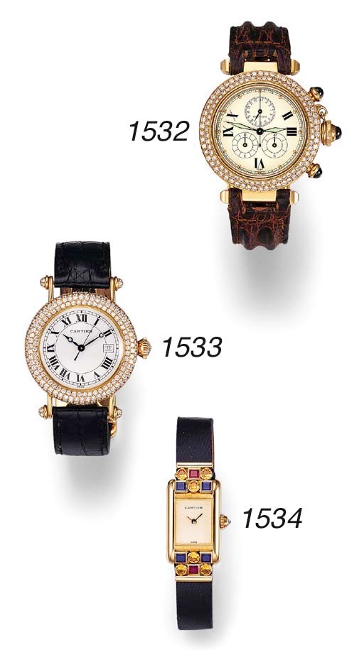 A LADY'S 18K GOLD AND GEM-SET RECTANGULAR WRISTWATCH, BY CARTIER
