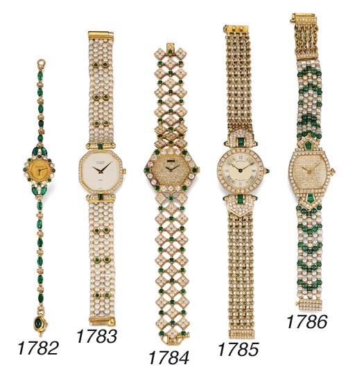 A LADY'S CHARMING 18K GOLD, DIAMOND AND EMERALD-SET WRISTWATCH WITH BRACELET, BY ALEXIS BARTHELAY