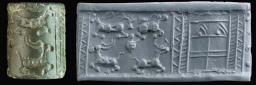 A JEMDET NASR GREEN STONE CYLINDER SEAL