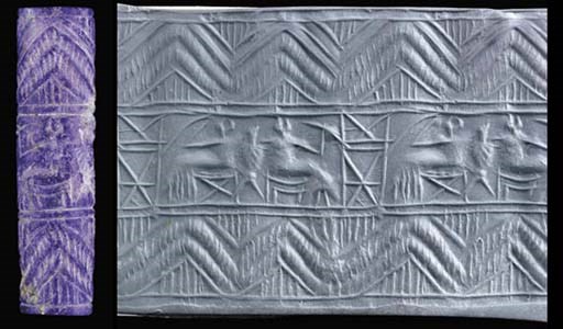 A SUMERIAN LAPIS LAZULI CYLINDER SEAL