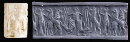 A SUMERIAN WHITE STONE CYLINDER SEAL