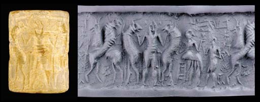 A SUMERIAN TRANSLUCENT GREEN STONE CYLINDER SEAL